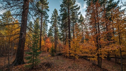 Fototapeta premium Larch and pine forest filled with colorful autumn foliage under a clear blue sky with fallen leaves on the ground