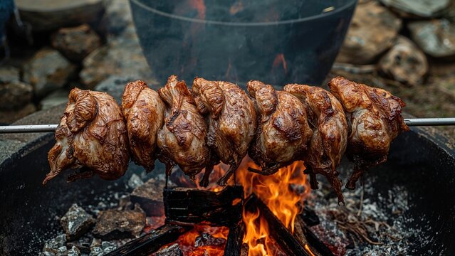 Entire lamb cooked on a spit above a fire