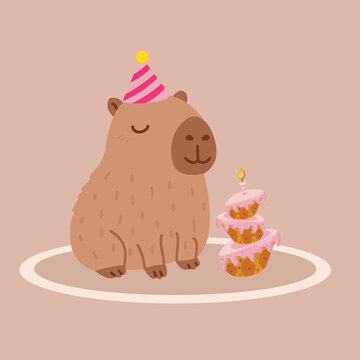 Cute Copybara with Cake Celebrates Birthday