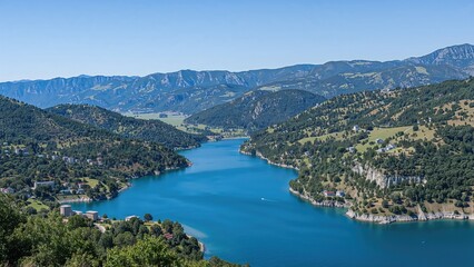 Obraz premium Scenic view of Lake Serre-Poncon surrounded by lush hills and mountains under clear blue skies in a nature setting.