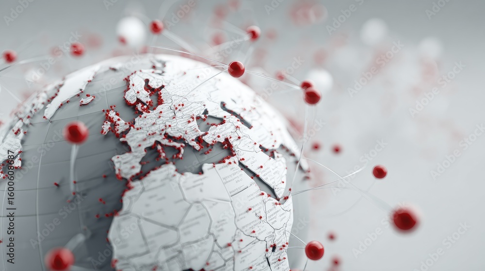 Poster d render of globe with affiliate connection nodes linking multiple partner locations and earnings da