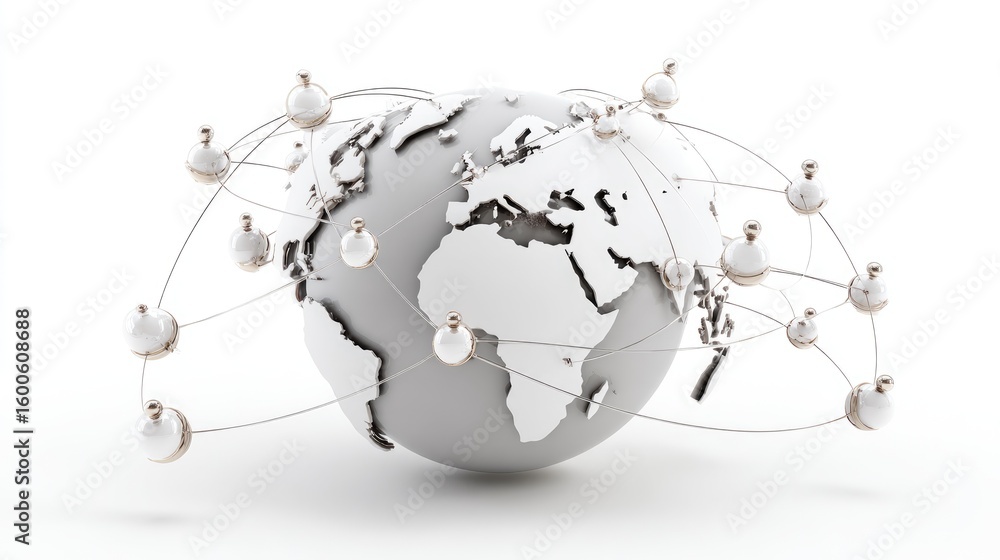 Poster d render of globe with affiliate connection nodes linking multiple partner locations and earnings da