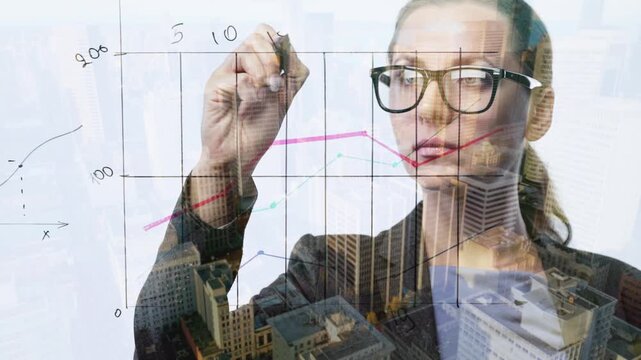 Double exposure of a business woman draws various growth charts