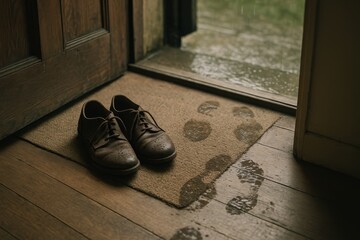 Wet shoes left at the doorstep after a rainstorm on a wooden floor