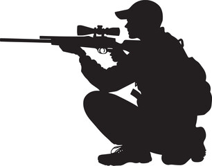A hunter crouched on one knee, carefully aiming forward with their rifle. Full-length silhouette black vector illustration.