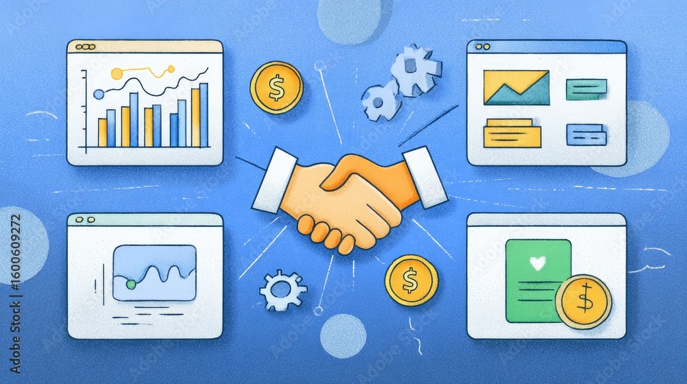 Poster abstract interface with referral tracking graphs and affiliate program icons representing digital pa