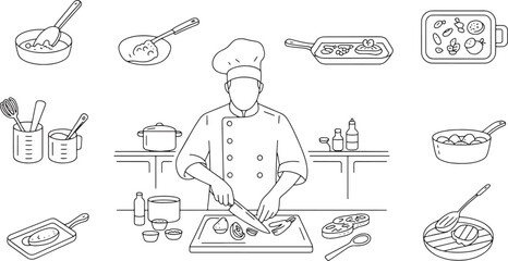 Chef Preparing Food Line Art Illustration on Transparent Background for Culinary Projects