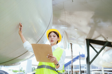 A female aviation engineer in a safety helmet and reflective vest inspects an aircraft engine using...
