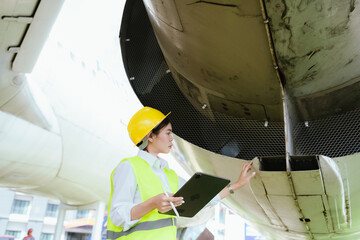 A female aviation engineer in a safety helmet and reflective vest inspects an aircraft engine using...