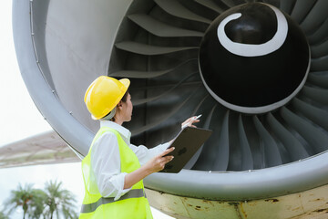 A female aviation engineer in a safety helmet and reflective vest inspects an aircraft engine using...