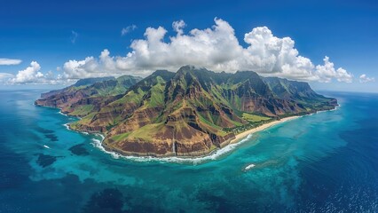 Helicopter perspective over steep, lush coastal cliffs