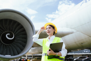 A female aviation engineer in a safety helmet and reflective vest inspects an aircraft engine using...