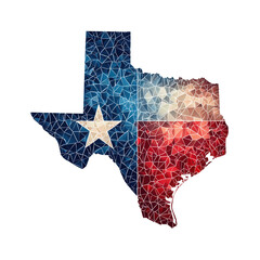 Distinctive Texas state map filled with a digital blend of the iconic Texas flag colors and star, representing American pride, geographic identity, and regional heritage.
