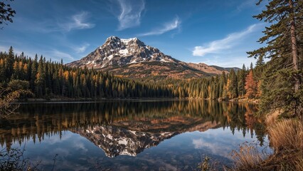 Obraz premium Mountain and Lake Reflection Surrounded by Autumn Forest and Clear Sky