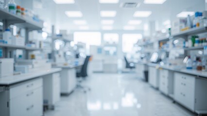 Bright white background featuring a blurry laboratory atmosphere with ample copy space