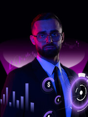 Businessman in glasses with digital dollar euro pound icons and market chart. Concept of global...