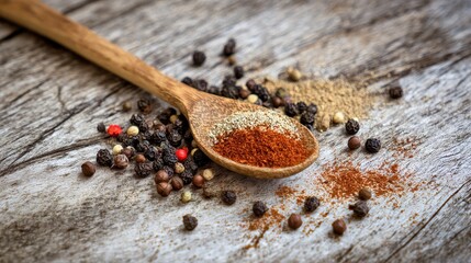Wooden spoon filled with various spices and peppercorns on a rustic wooden surface.