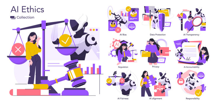 AI Ethics and Regulation Vector Illustration Set