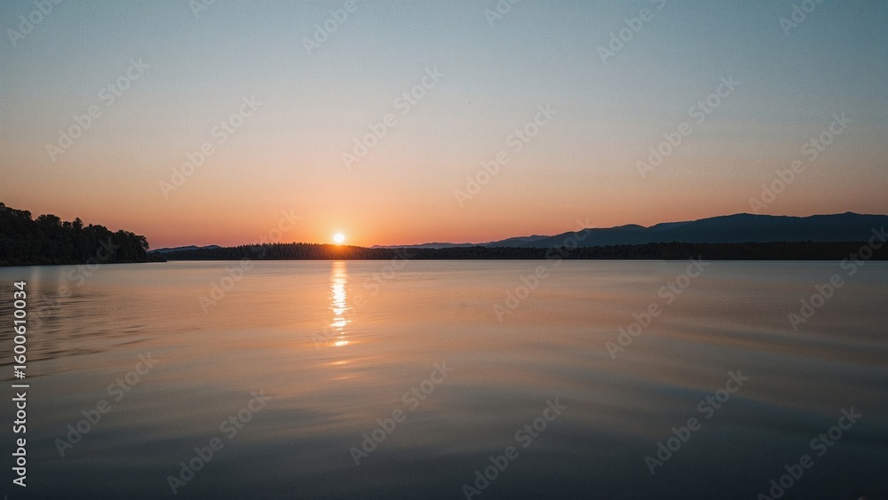 Poster scenic lake scene at dusk with selective focus and shallow depth of field, featuring soft blur and g