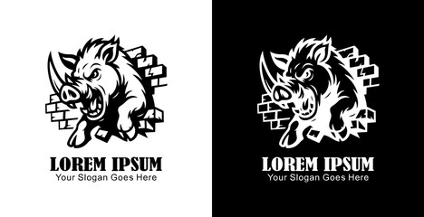 Logo design in the form of a pig destroying a wall in anger