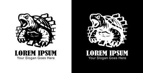 A logo design in the form of a turtle destroying a wall in anger
