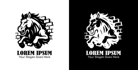 Logo design in the form of a horse destroying a wall in anger