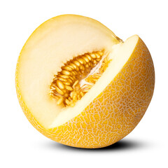 Photo of cut off slice of round yellow ripe tasty natural organic melon isolated on white background