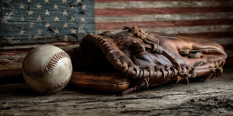 Vintage Baseball Still Life with American Flag and Old Leather Glove for Patriotic Sports Theme