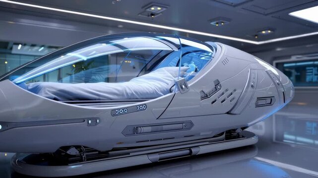 A futuristic medical pod featuring advanced technology for patient care and rest.