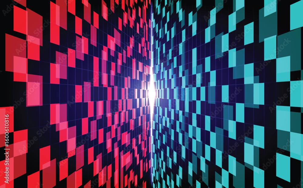 Poster futuristic abstract technology tunnel with glowing red and blue digital blocks in perspective, repre
