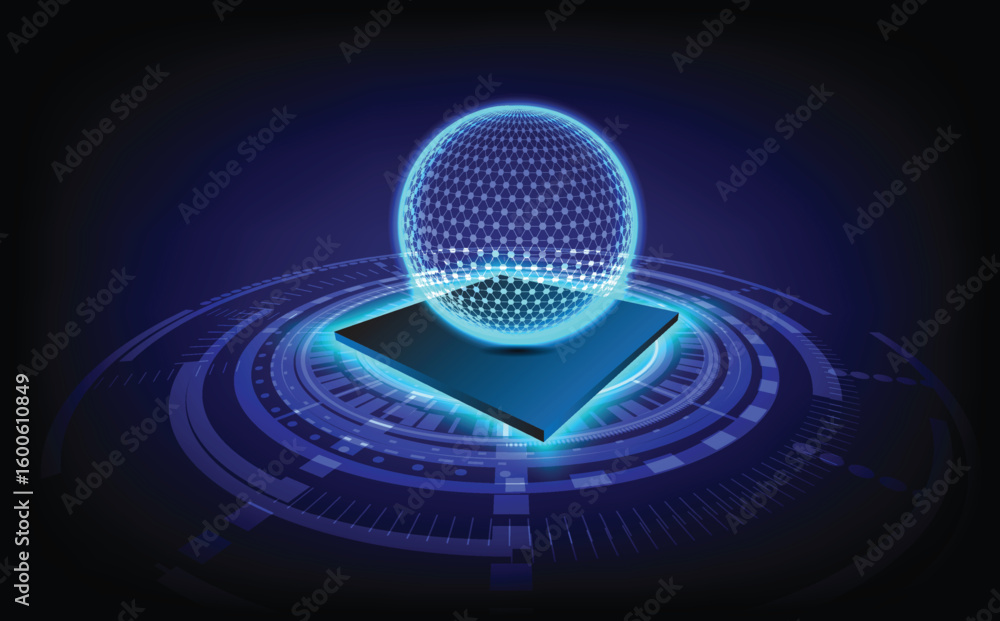 Poster futuristic abstract technology background with glowing digital sphere on platform chip base, perfect