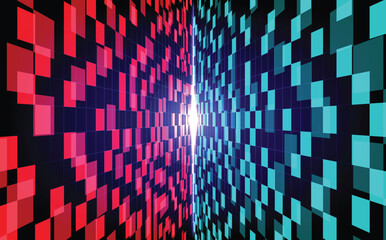 Futuristic abstract technology tunnel with glowing red and blue digital blocks in perspective, representing data flow, binary network, virtual corridor, cyber communication.