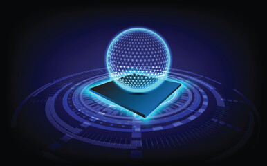 Futuristic abstract technology background with glowing digital sphere on platform chip base, perfect for artificial intelligence, virtual network, holographic interface, data visualization.