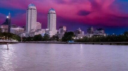 Obraz premium City skyline reflected in calm water at twilight.
