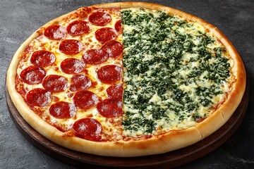 A delicious pizza cut in half features two different toppings