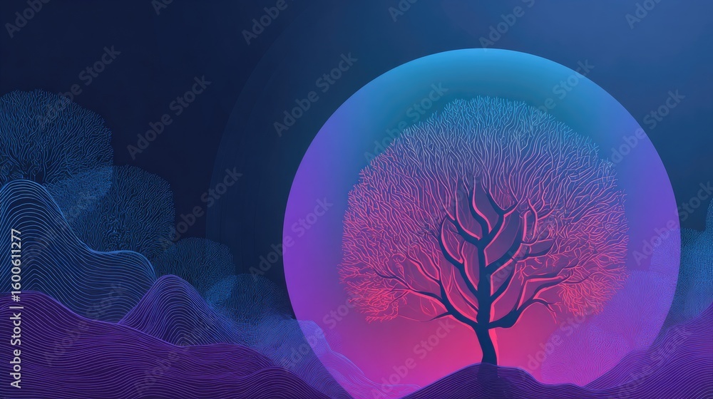 Poster creative abstract background with line-art referral tree branching from center