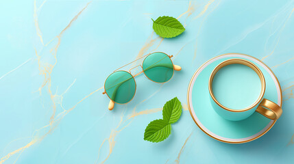 light gold-framed sunglasses with green lenses, a pastel blue drink in a mug with a gold detail, and soft green foliage, light blue and white marble-like backdrop with hints of gold.