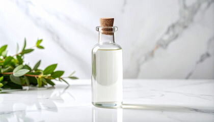 Obraz premium Glass Bottle with Cork and Clear Liquid on White Marble – Botanical Spa Concept – AI-generated