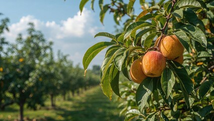 Sweet apricot fruits developing on branches in a cultivated orchard