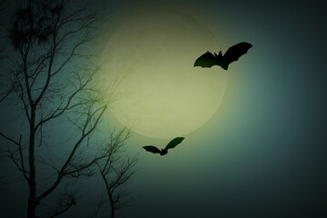 Halloween bat flying in forest horror background with full moon and dead trees in the night sky.