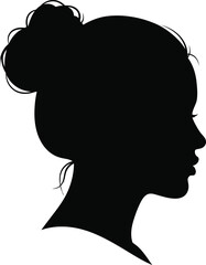 Vector art of a black silhouette profile of a young womans head and shoulders with her hair in a messy bun facing right on a transparent background