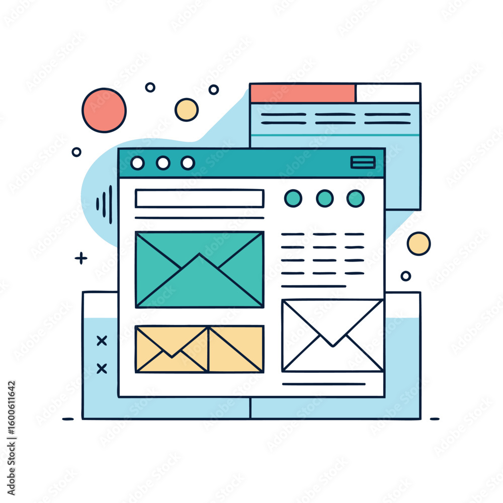 Poster digital communication interface design with email icons isolated on white background