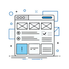 Wireframe sketch of a responsive website layout with user interface elements isolated on white background