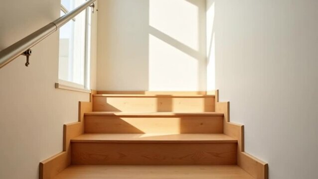 A view of a wooden staircase with a metal handrail leading upwards in a well lit interior space