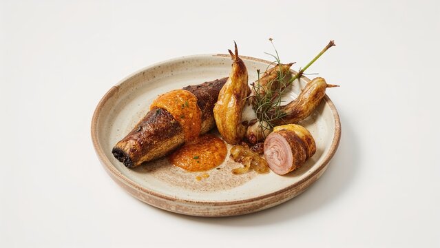 Roasted spring onions with romesco sauce and sausage displayed against a white background