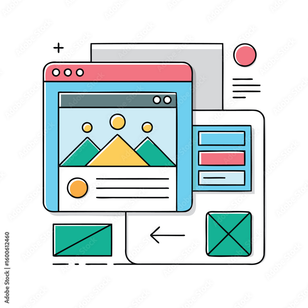 Poster conceptual illustration of web design and development elements isolated on white background
