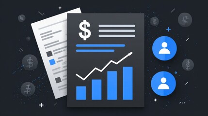 Financial summary sheet with affiliate earnings, tier levels, and growth projections with icons of people links