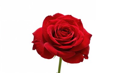 Red rose bloom with petals framed against white background