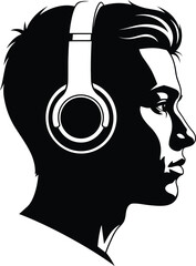 Vector art of a black silhouette profile of a mans head wearing large headphones with stylish hair depicted in a graphic illustration isolated on transparent background