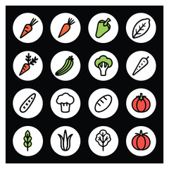 Collection of hand drawn vegetable and food icons on a black background in a grid pattern